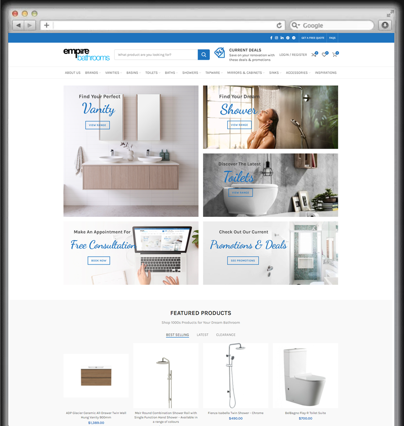 Ecommerce Website Development for bathroom accessories - Empire Bathrooms